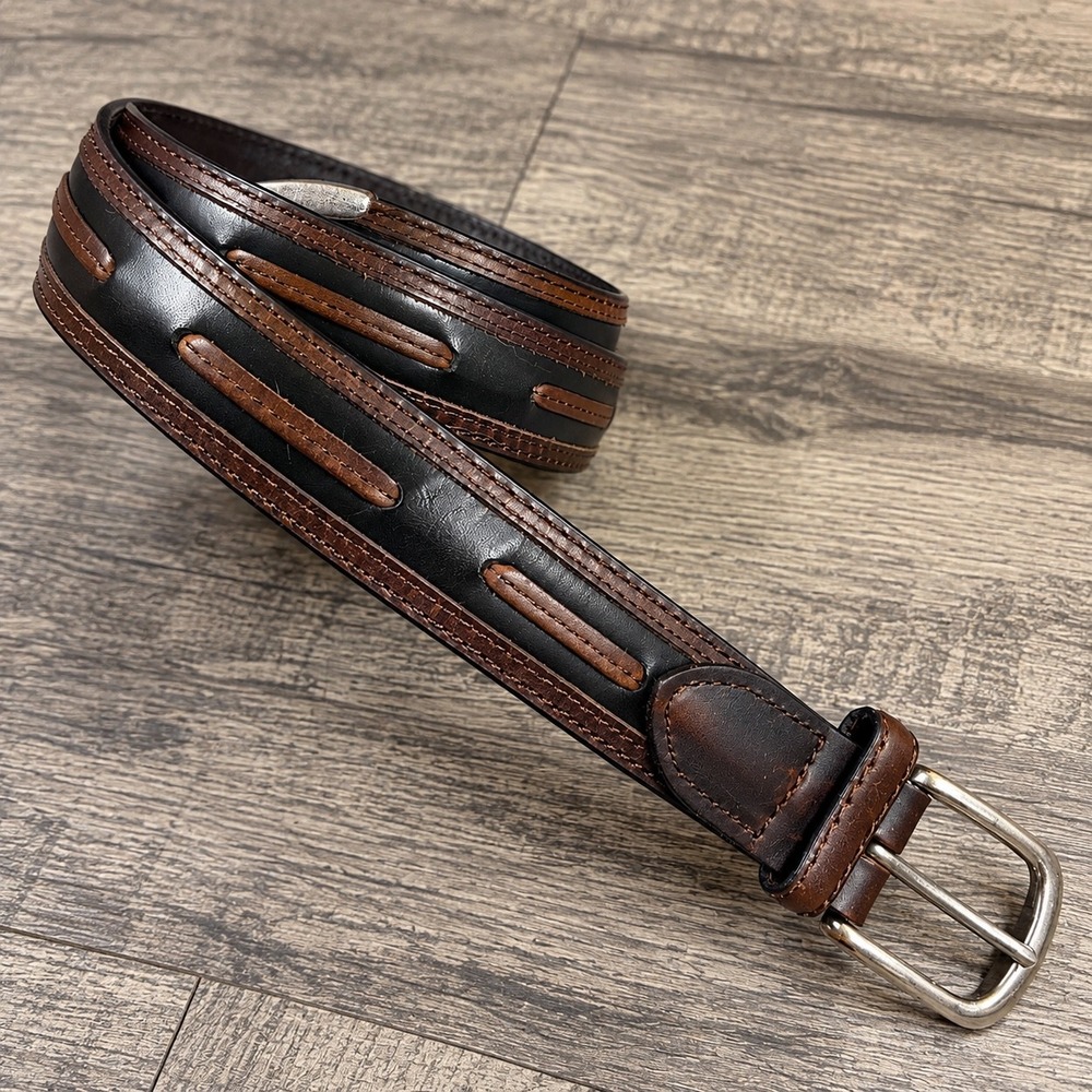 Vintage Top Grain Leather Belt Black Brown Silver Tip 36